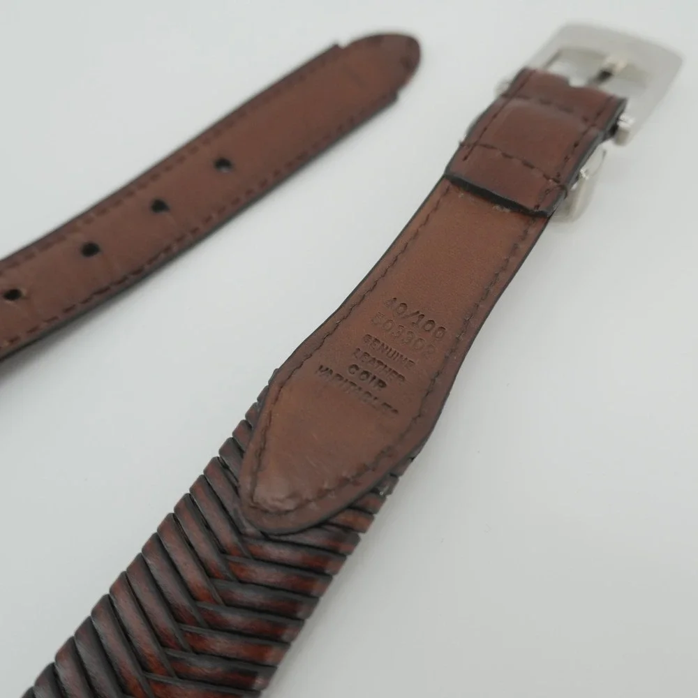 Braided Leather Belt Mens 38-40 Brown Herringbone Woven Silver Buckle